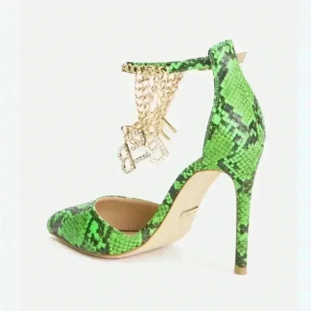New Bebe ankle snake print strap stiletto heel rhinestone dangle letter size 9